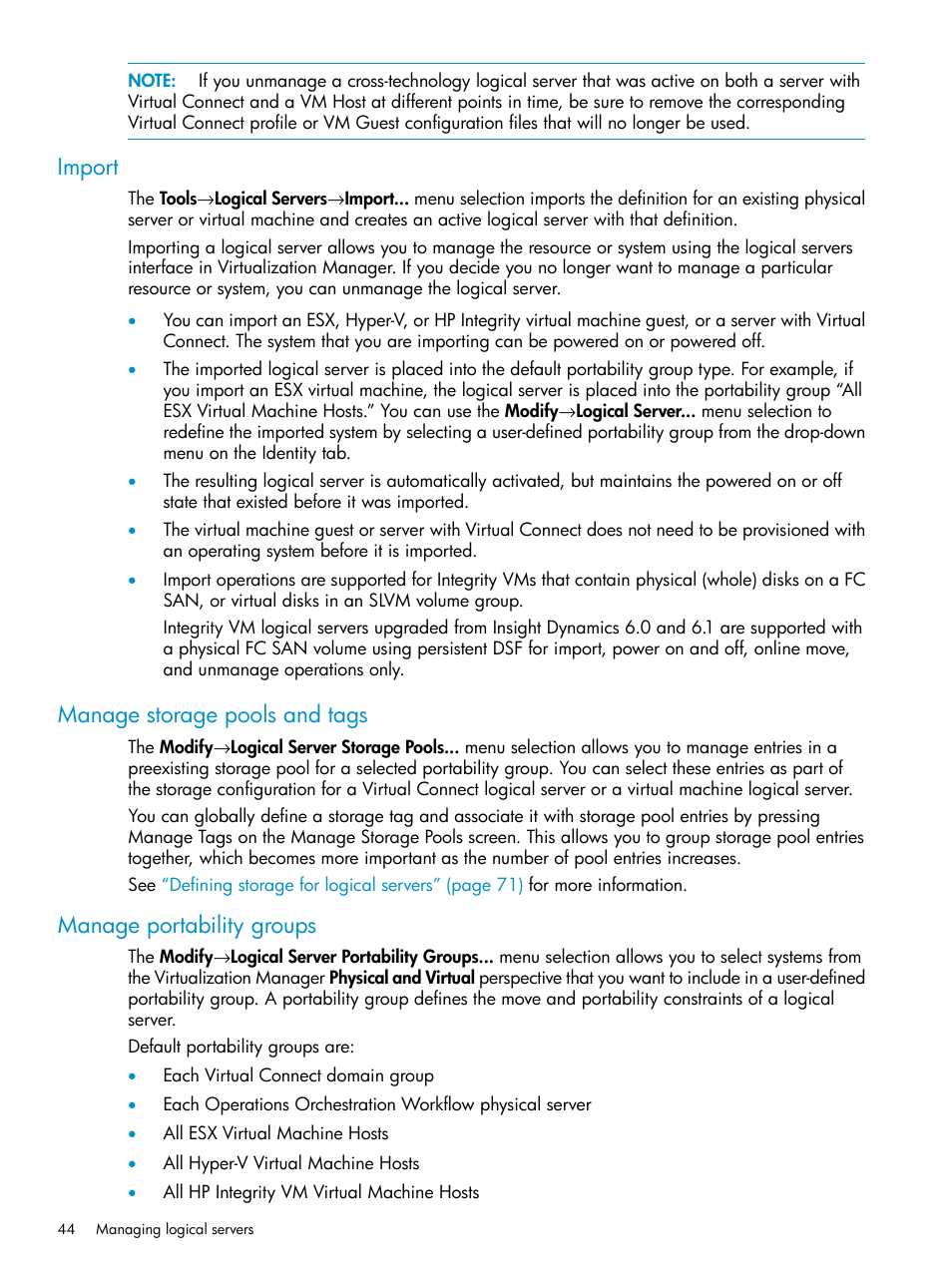 Import, Manage storage pools and tags, Manage portability groups | HP Matrix Operating Environment Software User Manual | Page 44 / 136