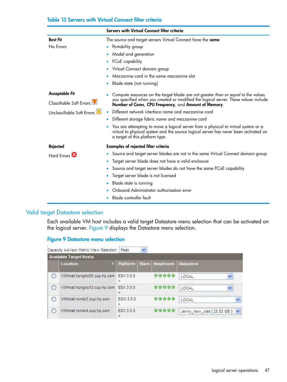 Valid target datastore selection | HP Matrix Operating Environment Software User Manual | Page 47 / 136