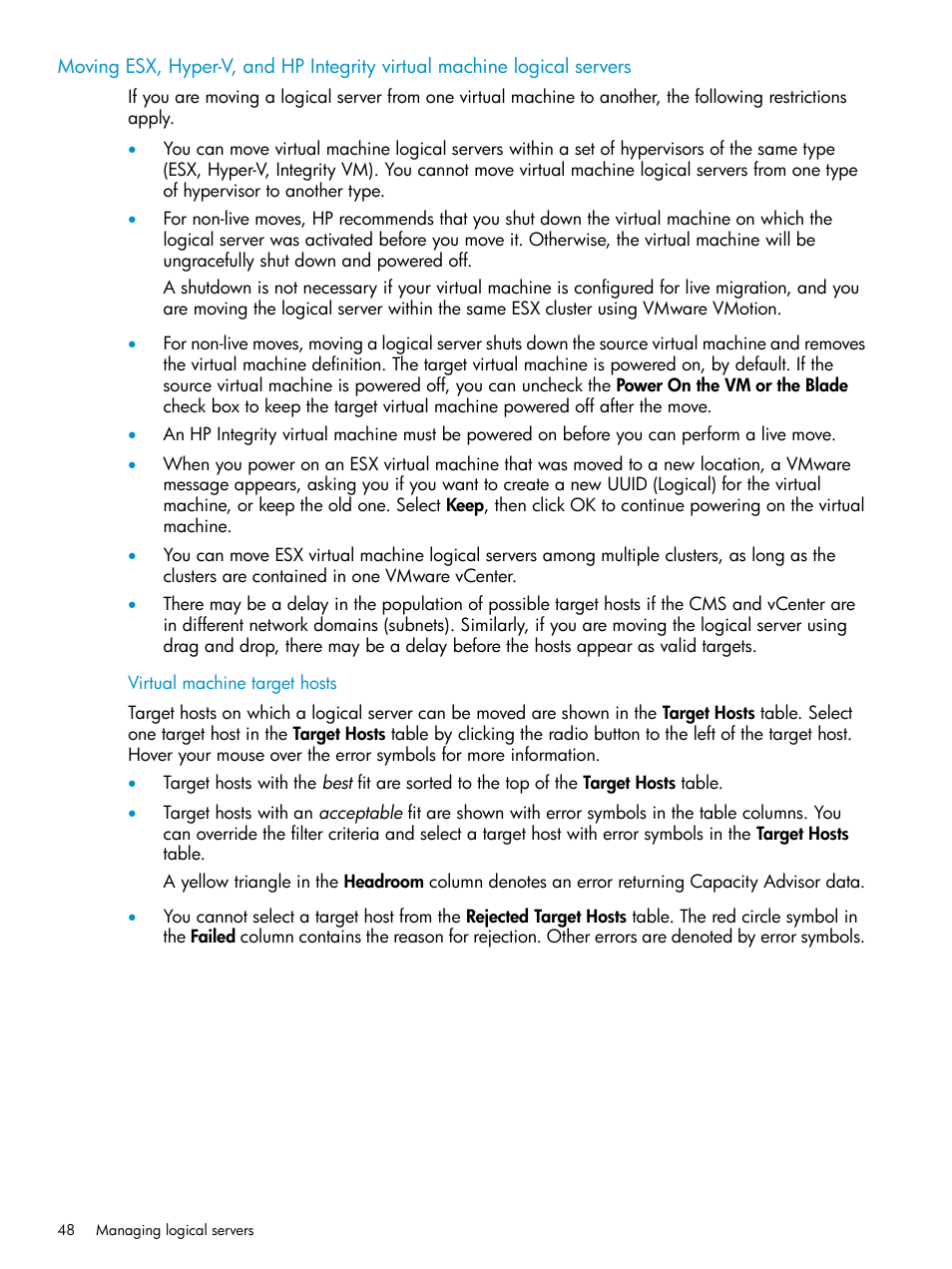 Virtual machine target hosts | HP Matrix Operating Environment Software User Manual | Page 48 / 136