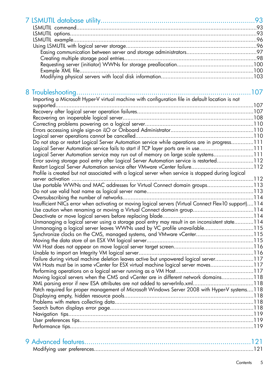 7 lsmutil database utility, 8 troubleshooting, 9 advanced features | HP Matrix Operating Environment Software User Manual | Page 5 / 136