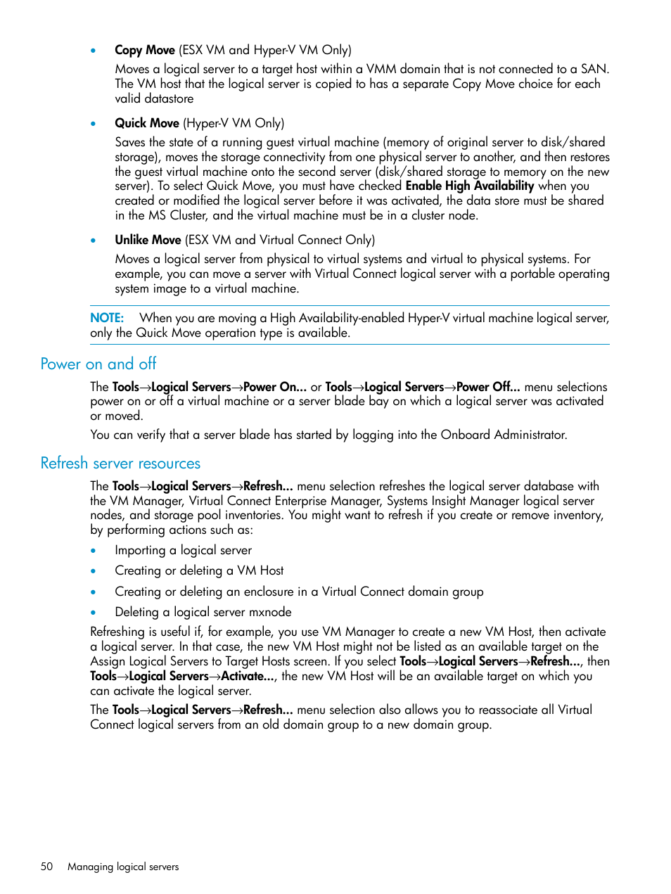 Power on and off, Refresh server resources, Power on and off refresh server resources | HP Matrix Operating Environment Software User Manual | Page 50 / 136
