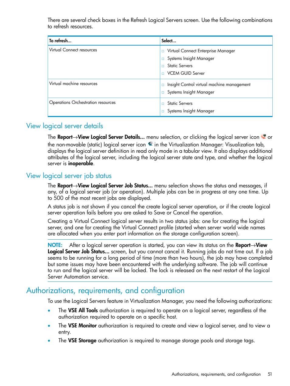 View logical server details, View logical server job status, Authorizations, requirements, and configuration | Authorizations, requirements, and | HP Matrix Operating Environment Software User Manual | Page 51 / 136
