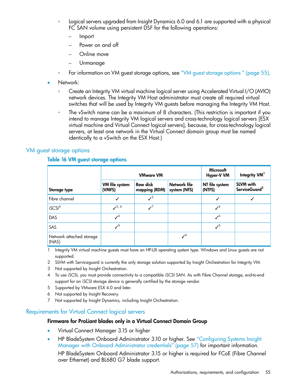 Vm guest storage options, Requirements for virtual connect logical servers | HP Matrix Operating Environment Software User Manual | Page 55 / 136