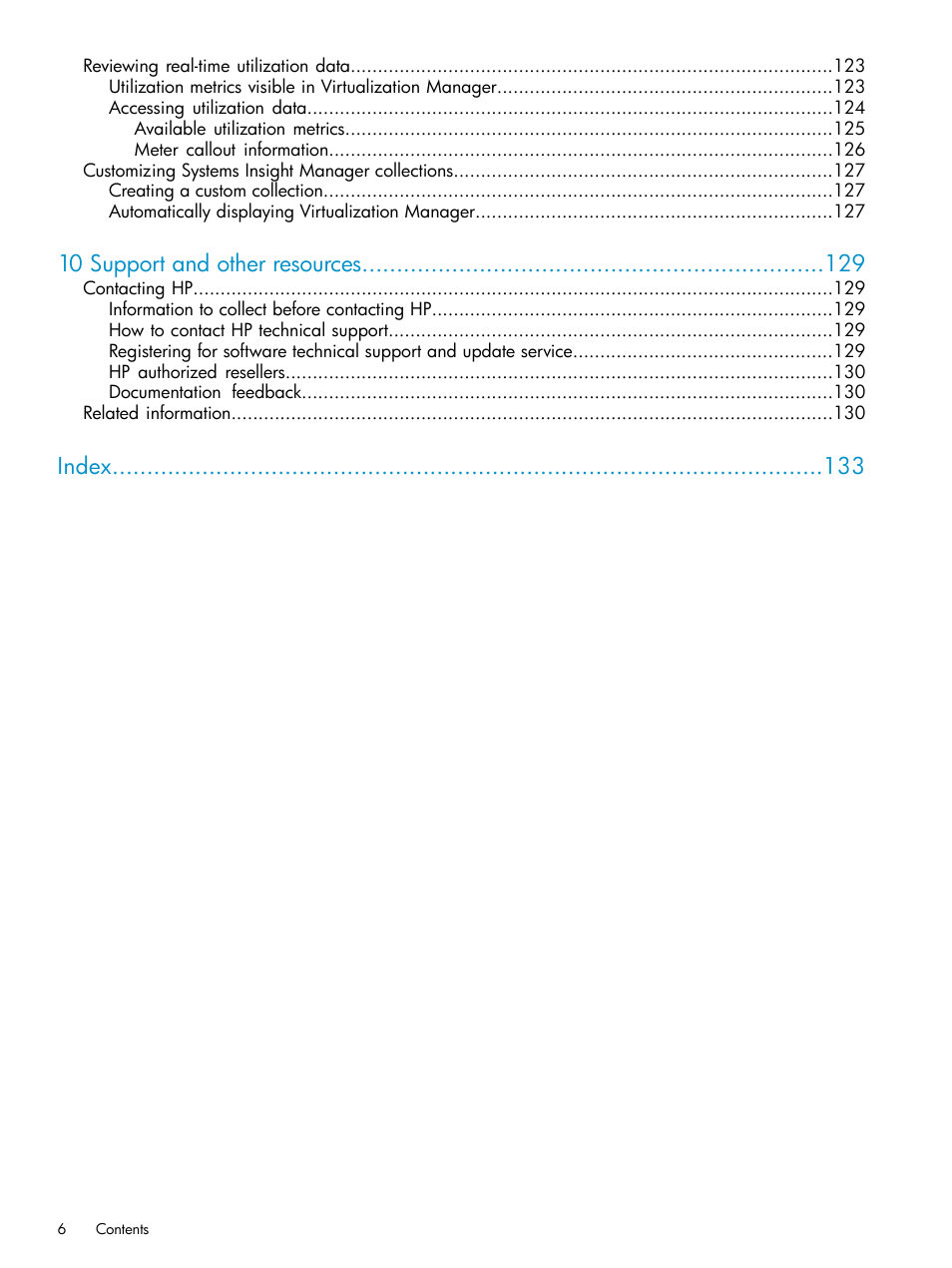 10 support and other resources, Index | HP Matrix Operating Environment Software User Manual | Page 6 / 136