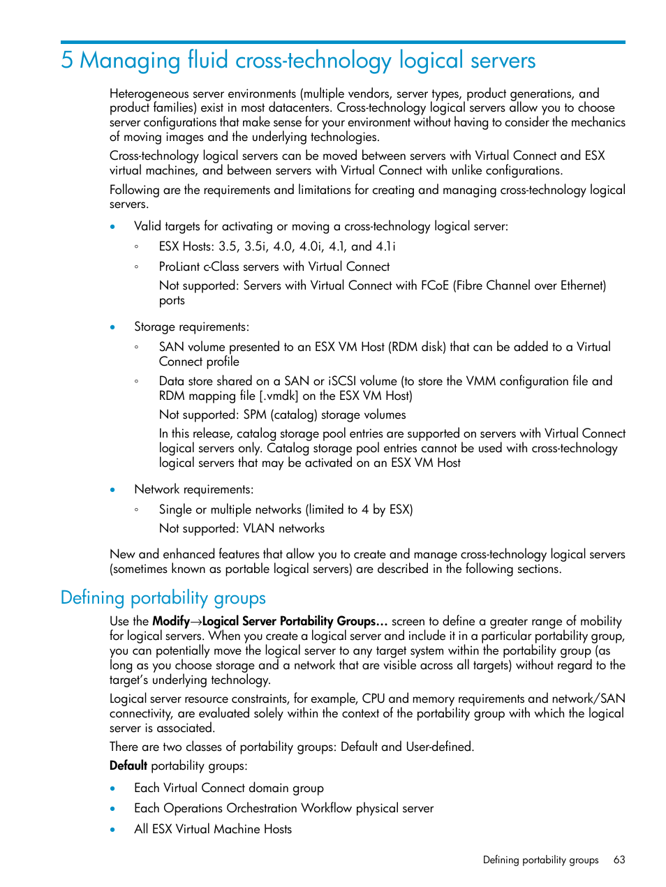 5 managing fluid cross-technology logical servers, Defining portability groups | HP Matrix Operating Environment Software User Manual | Page 63 / 136