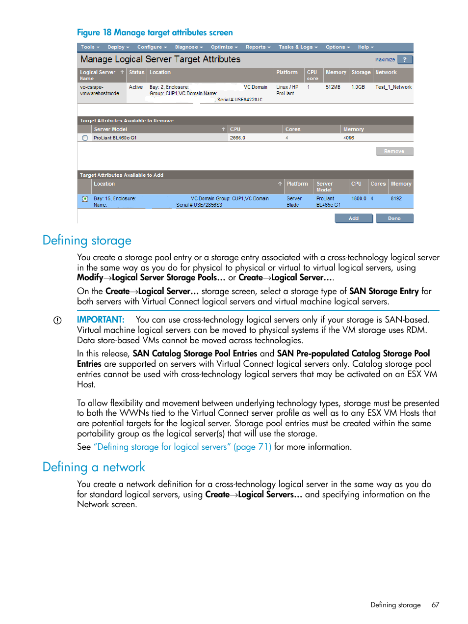 Defining storage, Defining a network, Defining storage defining a network | HP Matrix Operating Environment Software User Manual | Page 67 / 136