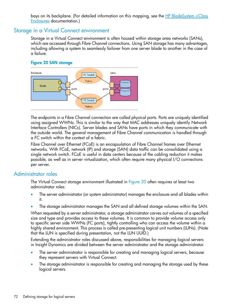 Storage in a virtual connect environment, Administrator roles | HP Matrix Operating Environment Software User Manual | Page 72 / 136