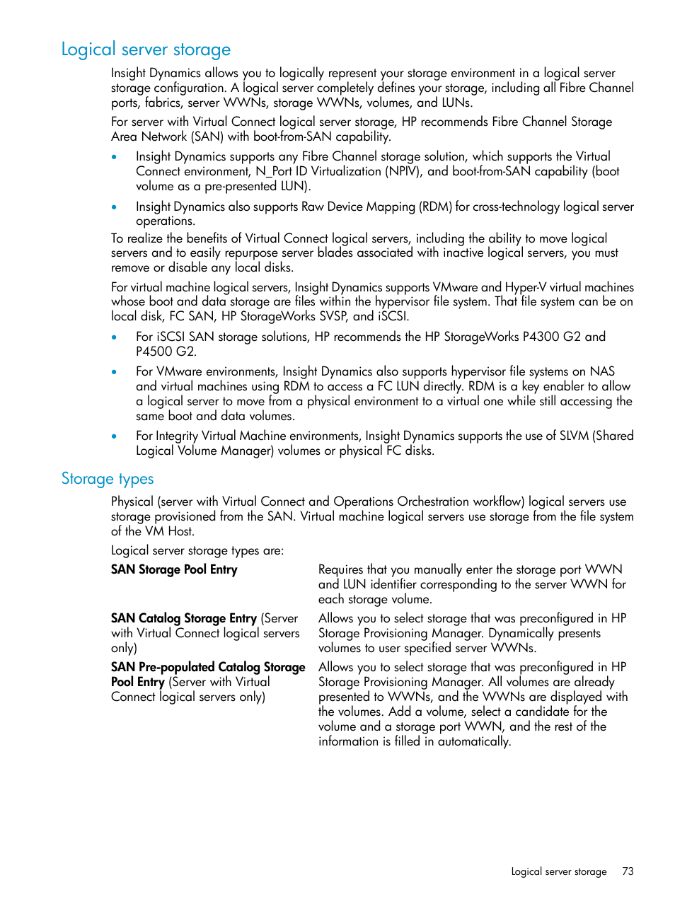 Logical server storage, Storage types | HP Matrix Operating Environment Software User Manual | Page 73 / 136