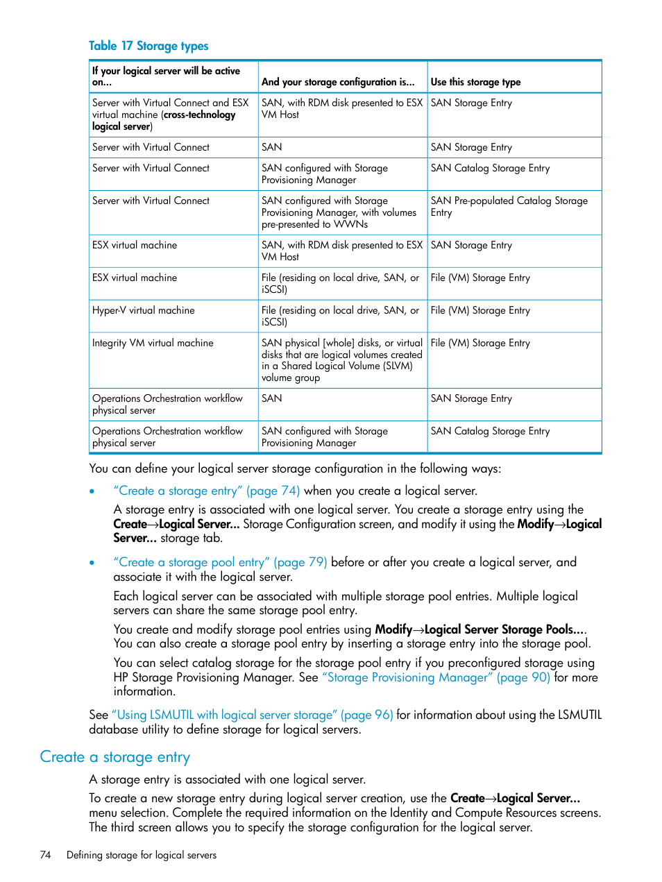 Create a storage entry | HP Matrix Operating Environment Software User Manual | Page 74 / 136