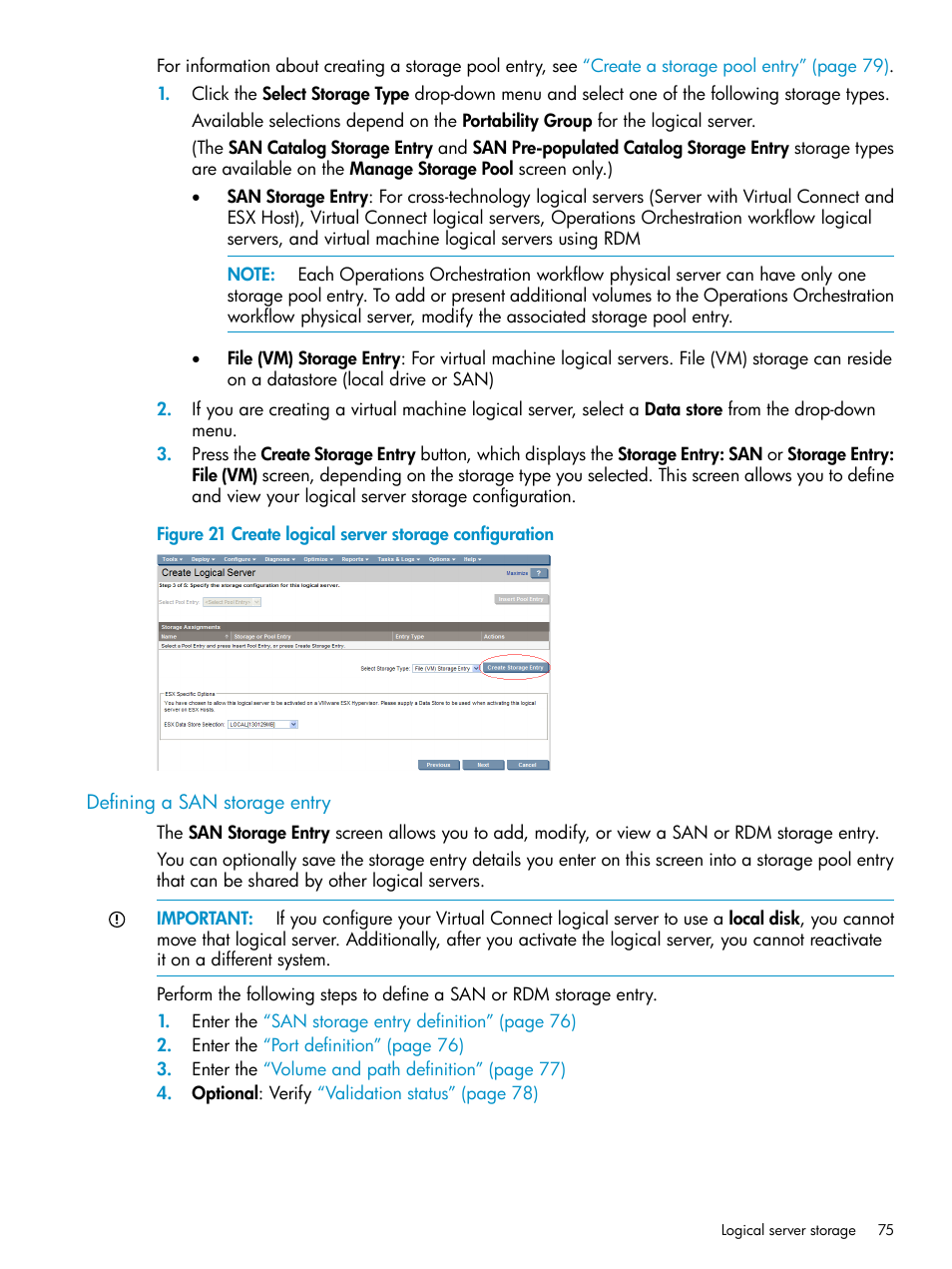 Defining a san storage entry | HP Matrix Operating Environment Software User Manual | Page 75 / 136
