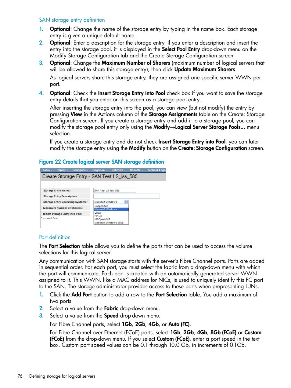 San storage entry definition, Port definition, San storage entry definition port definition | HP Matrix Operating Environment Software User Manual | Page 76 / 136