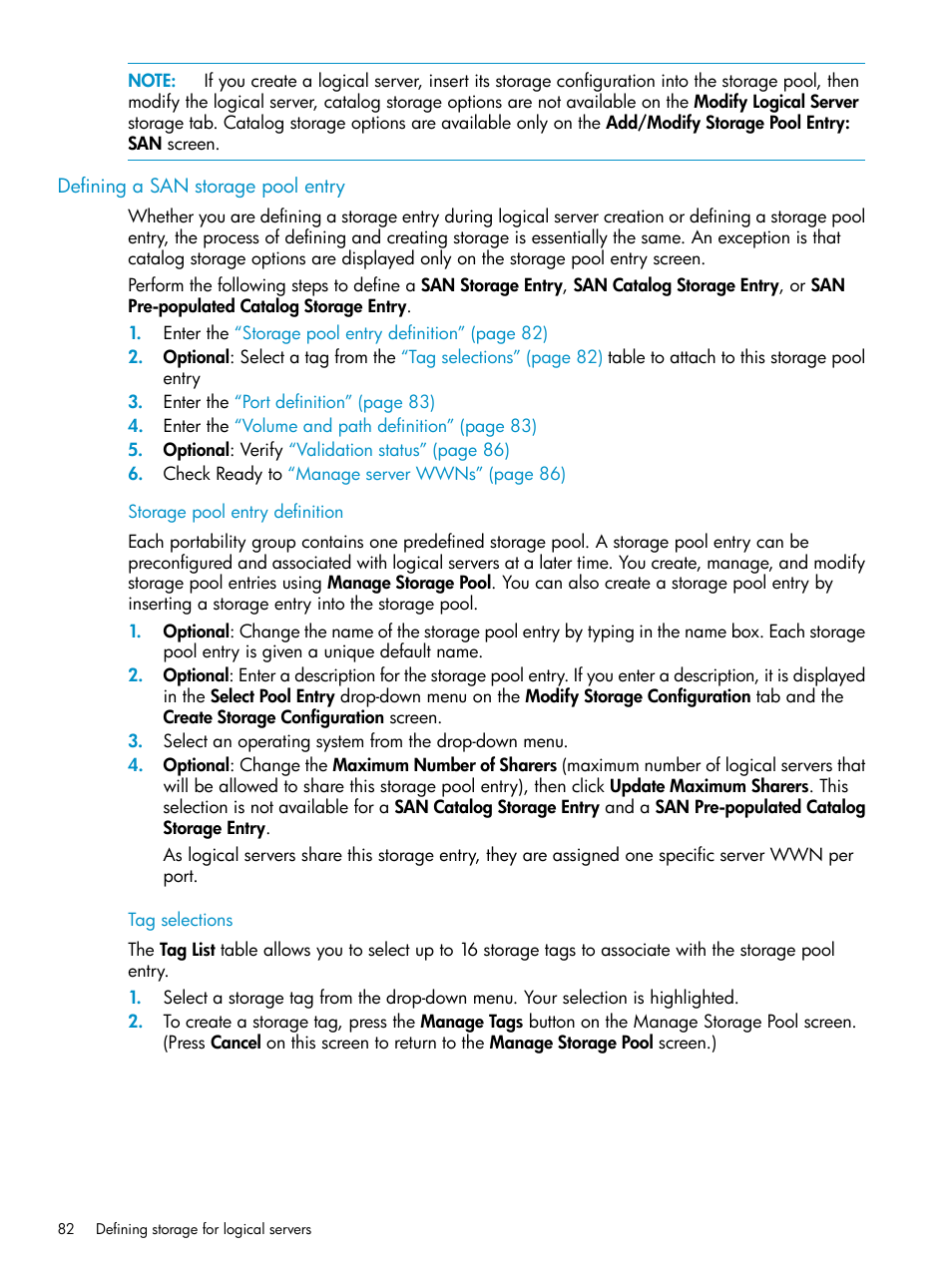 Defining a san storage pool entry, Storage pool entry definition, Tag selections | Storage pool entry definition tag selections | HP Matrix Operating Environment Software User Manual | Page 82 / 136