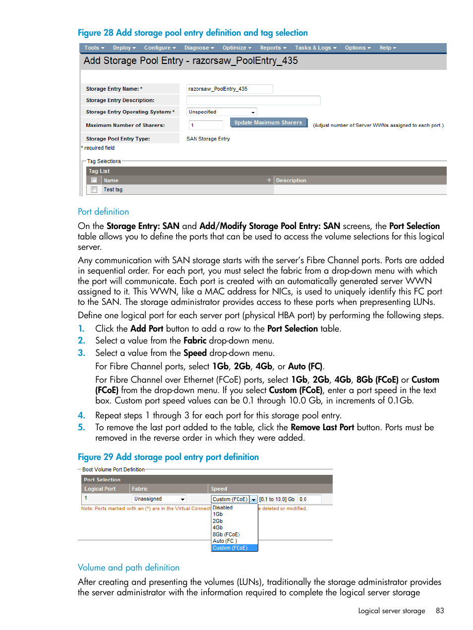 Port definition, Volume and path definition, Port definition volume and path definition | HP Matrix Operating Environment Software User Manual | Page 83 / 136