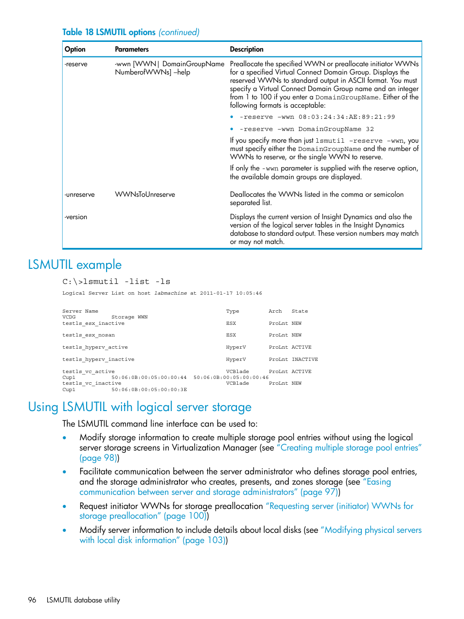 Lsmutil example, Using lsmutil with logical server storage, Using lsmutil | HP Matrix Operating Environment Software User Manual | Page 96 / 136