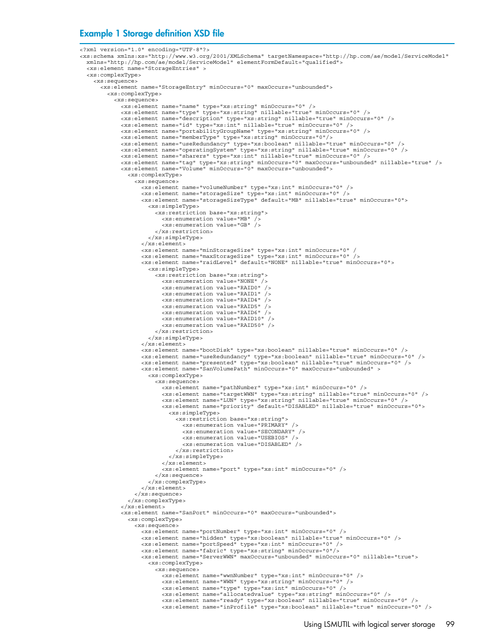 Example 1 “storage definition xsd file | HP Matrix Operating Environment Software User Manual | Page 99 / 136