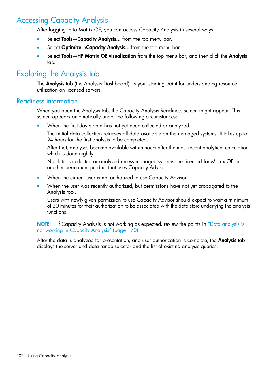 Accessing capacity analysis, Exploring the analysis tab, Readiness information | HP Matrix Operating Environment Software User Manual | Page 102 / 245