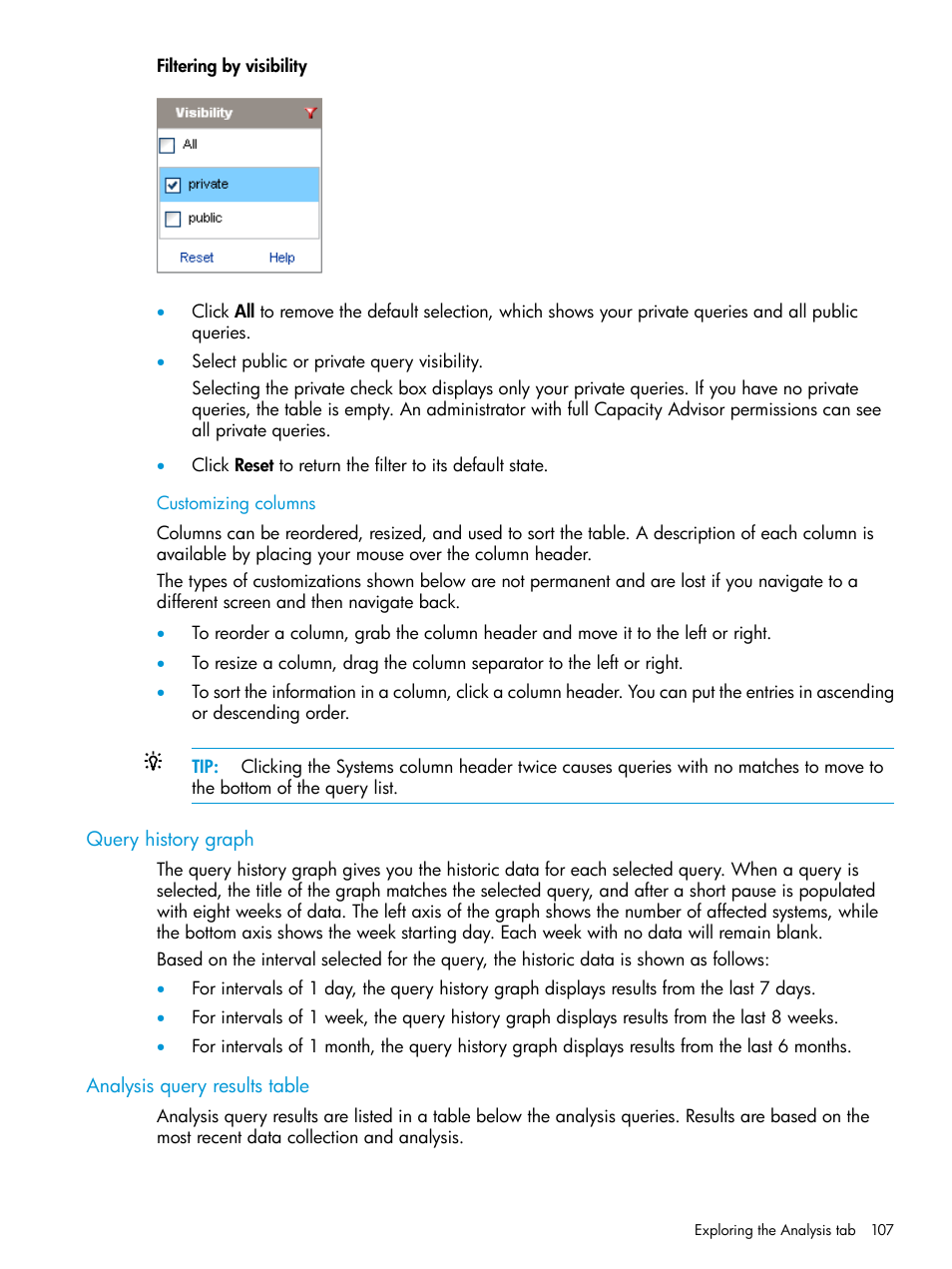 Customizing columns, Query history graph, Analysis query results table | Query history graph analysis query results table | HP Matrix Operating Environment Software User Manual | Page 107 / 245