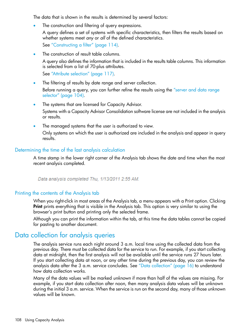 Printing the contents of the analysis tab, Data collection for analysis queries | HP Matrix Operating Environment Software User Manual | Page 108 / 245