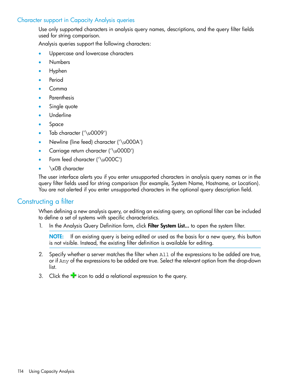 Character support in capacity analysis queries, Constructing a filter | HP Matrix Operating Environment Software User Manual | Page 114 / 245