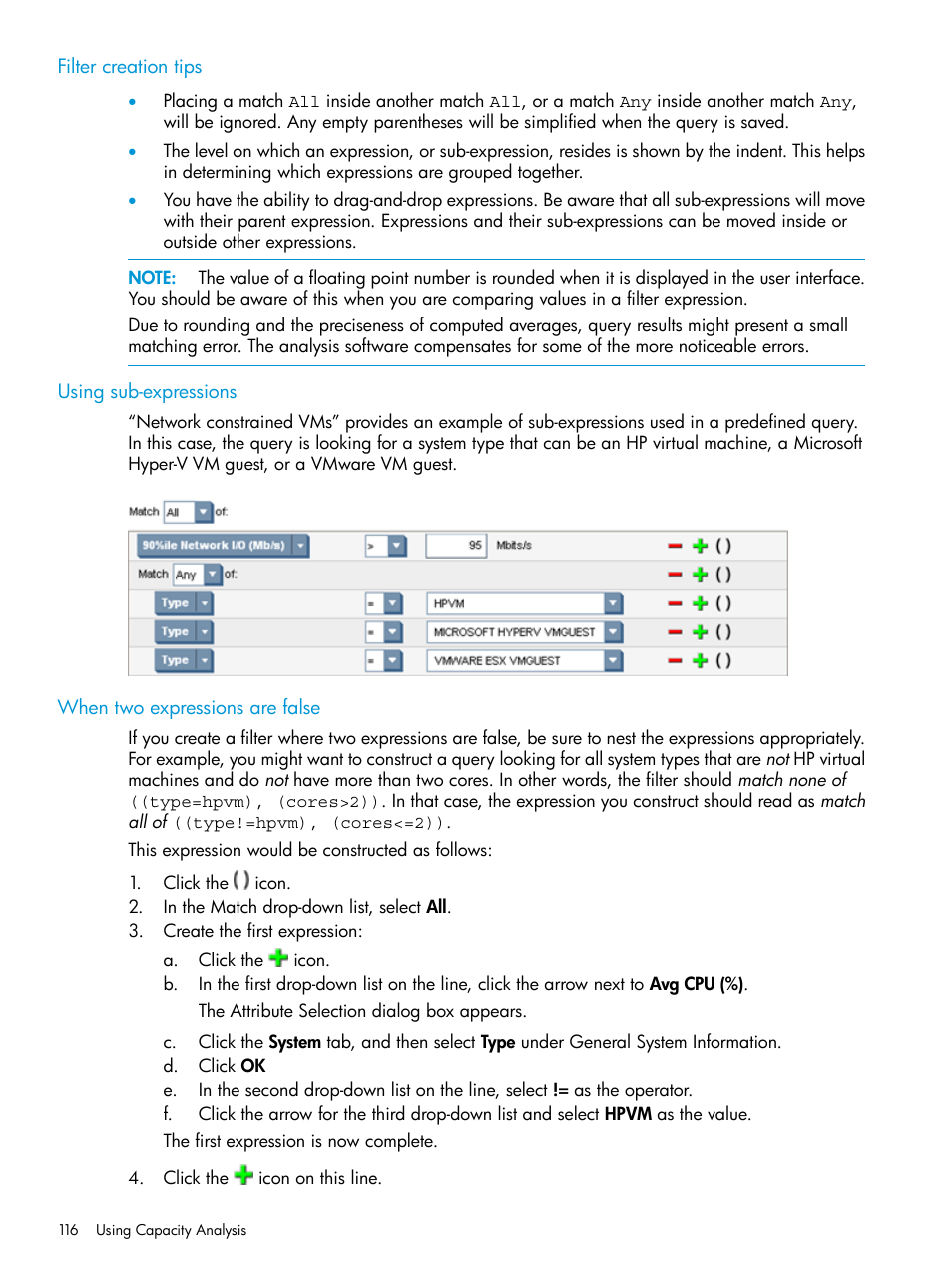 Filter creation tips, Using sub-expressions, When two expressions are false | HP Matrix Operating Environment Software User Manual | Page 116 / 245