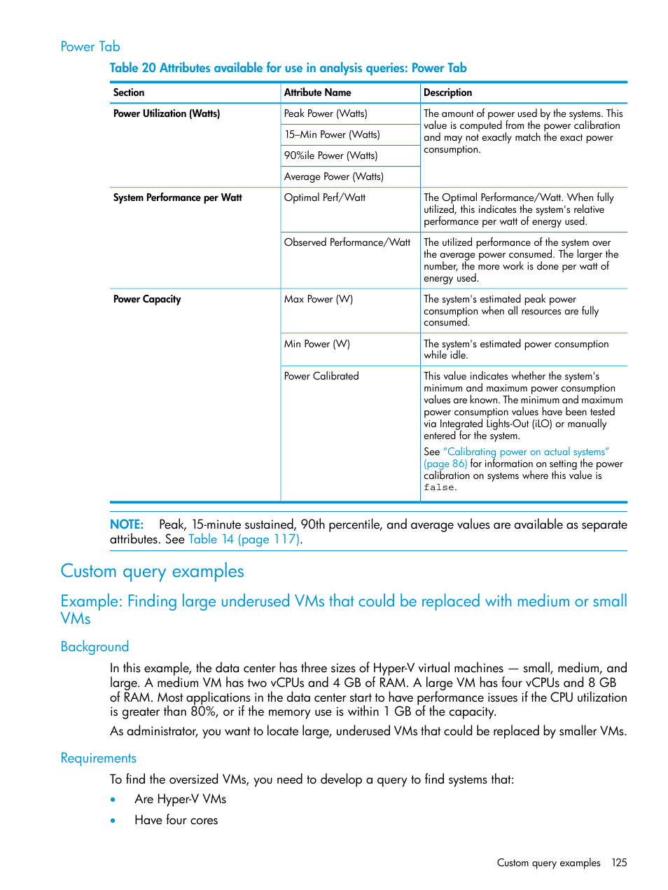 Power tab, Custom query examples, Background | Requirements, Background requirements | HP Matrix Operating Environment Software User Manual | Page 125 / 245