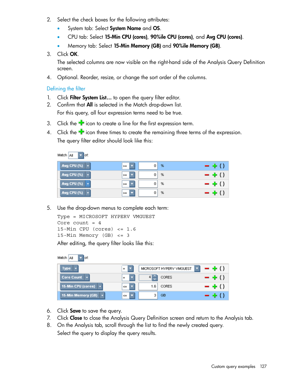 Defining the filter | HP Matrix Operating Environment Software User Manual | Page 127 / 245