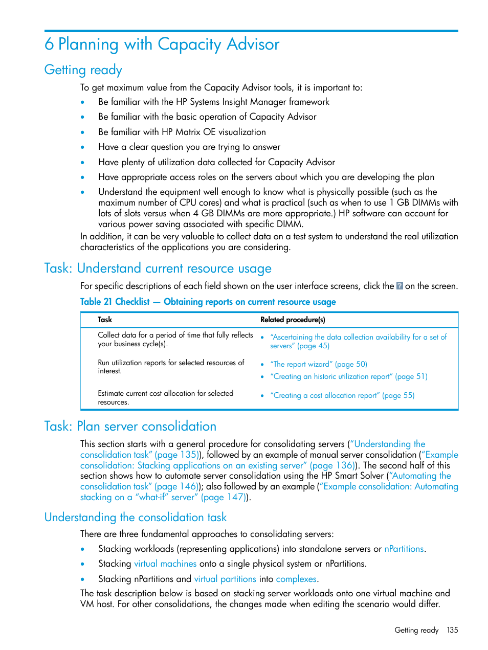 6 planning with capacity advisor, Getting ready, Task: understand current resource usage | Task: plan server consolidation, Understanding the consolidation task, Understanding | HP Matrix Operating Environment Software User Manual | Page 135 / 245