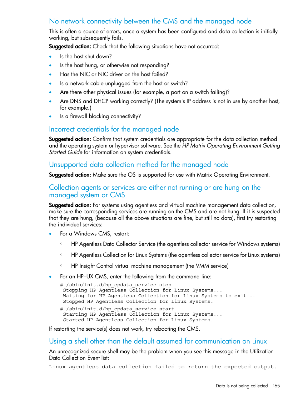 Incorrect credentials for the managed node | HP Matrix Operating Environment Software User Manual | Page 165 / 245