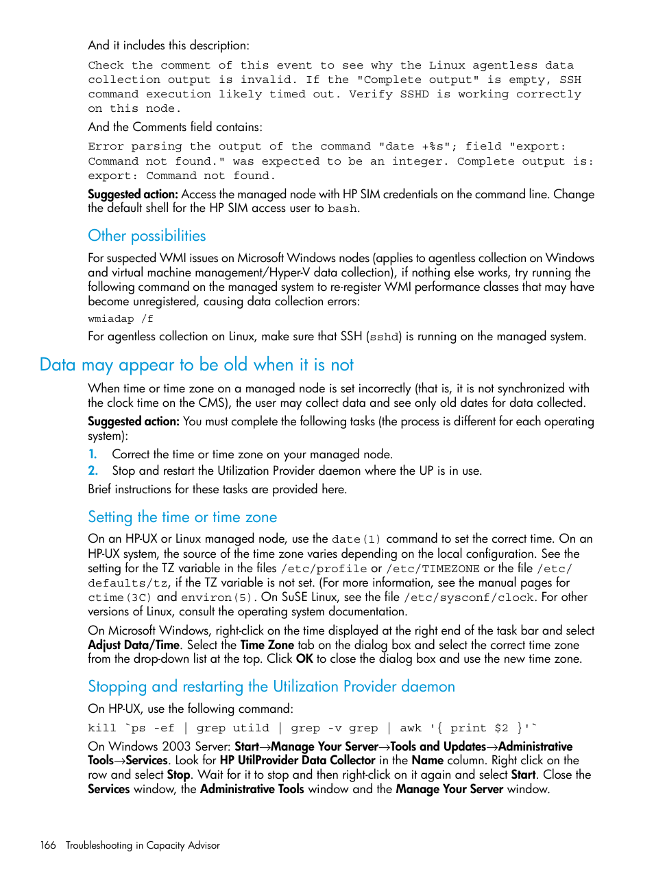 Data may appear to be old when it is not, Other possibilities, Setting the time or time zone | HP Matrix Operating Environment Software User Manual | Page 166 / 245