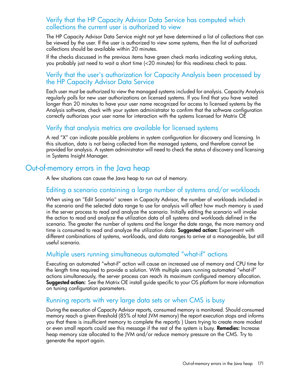 Out-of-memory errors in the java heap | HP Matrix Operating Environment Software User Manual | Page 171 / 245