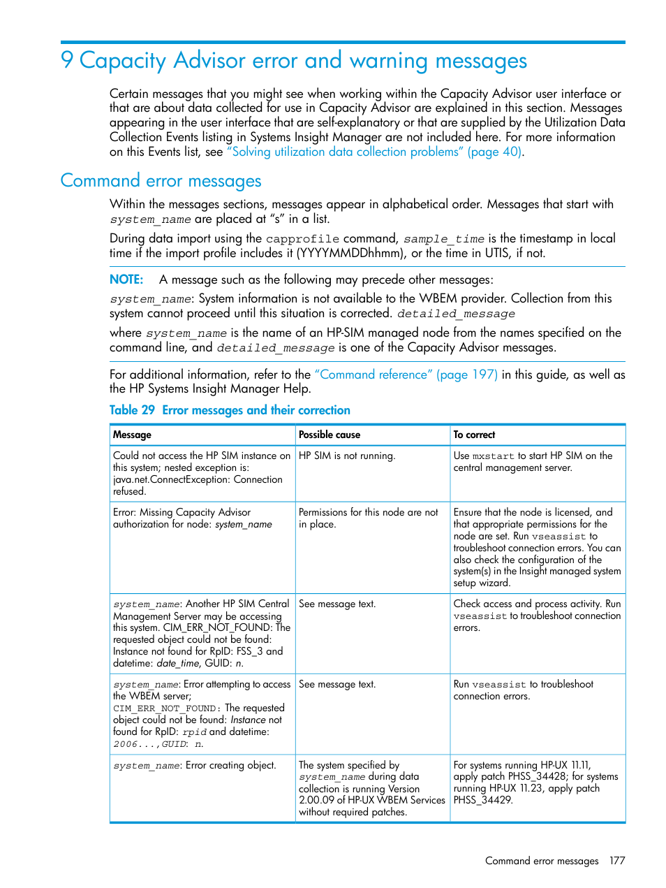 9 capacity advisor error and warning messages, Command error messages | HP Matrix Operating Environment Software User Manual | Page 177 / 245