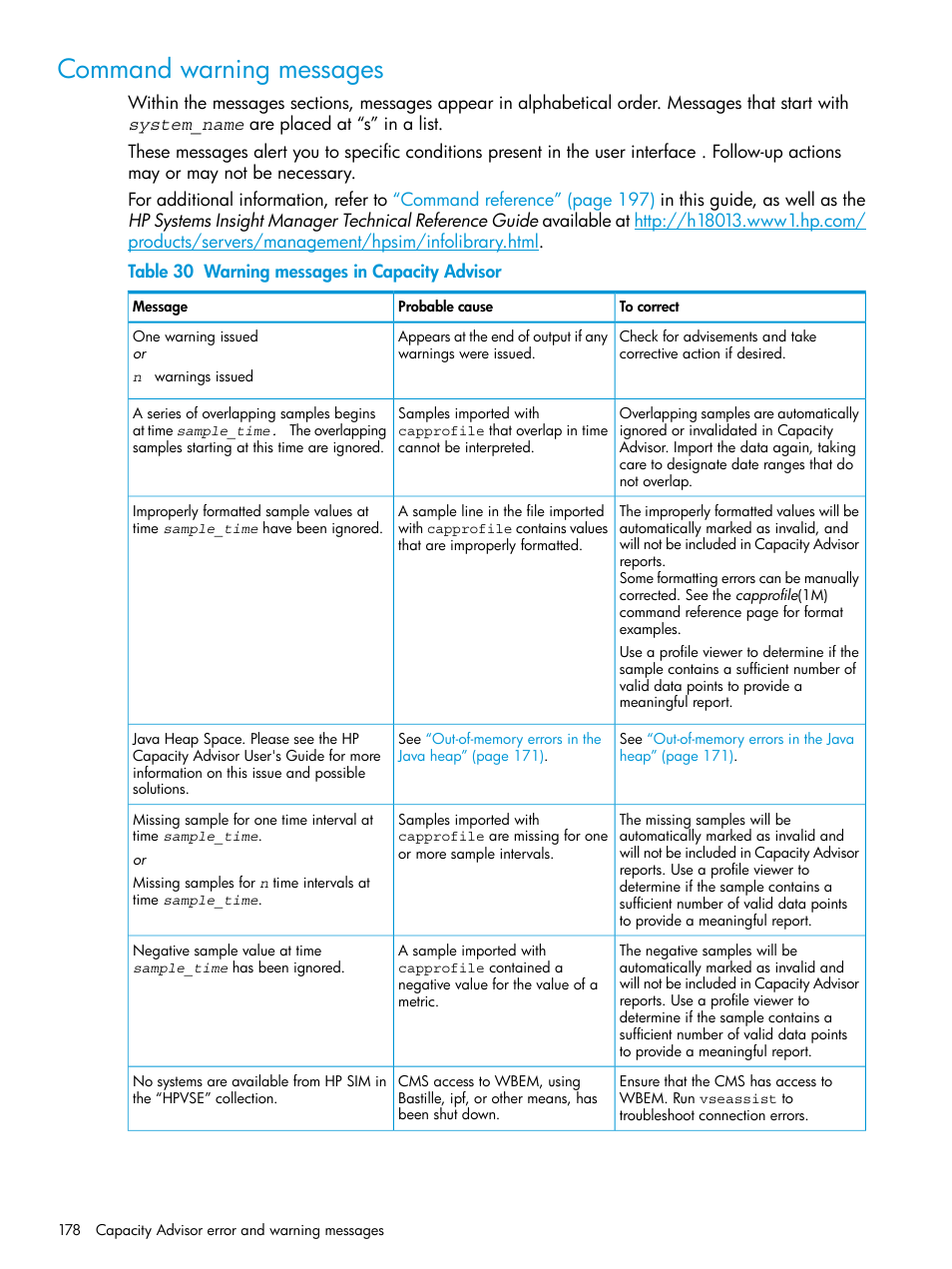 Command warning messages | HP Matrix Operating Environment Software User Manual | Page 178 / 245