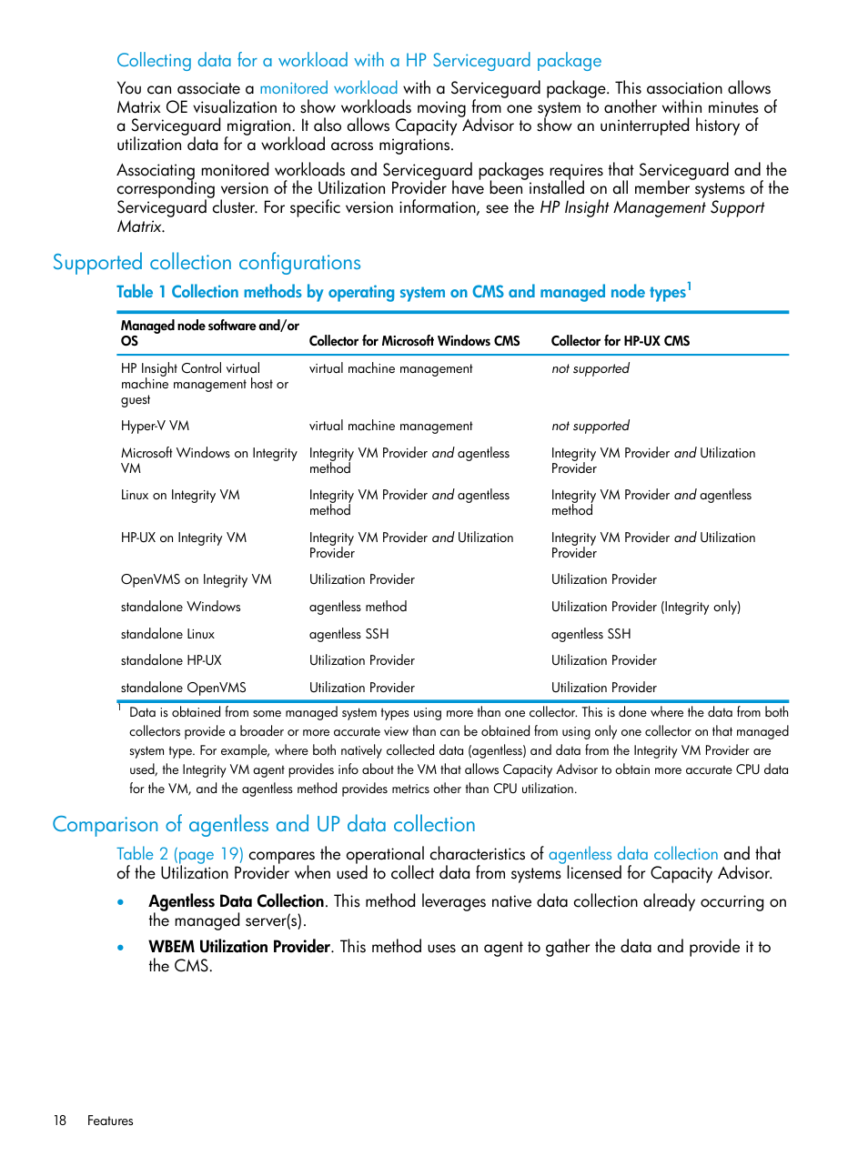 Supported collection configurations, Comparison of agentless and up data collection, Supported collection | HP Matrix Operating Environment Software User Manual | Page 18 / 245