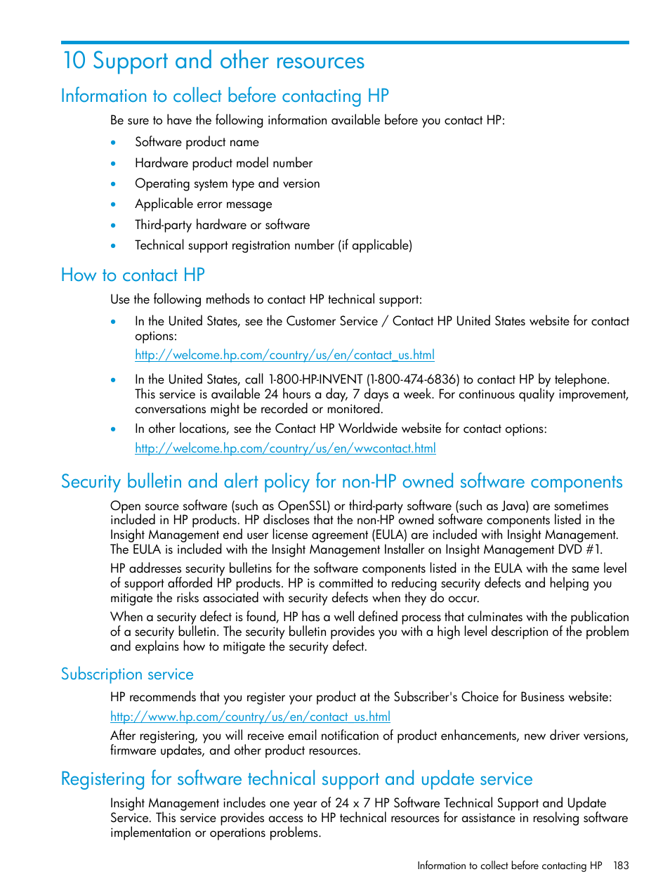 10 support and other resources, Information to collect before contacting hp, How to contact hp | Subscription service | HP Matrix Operating Environment Software User Manual | Page 183 / 245