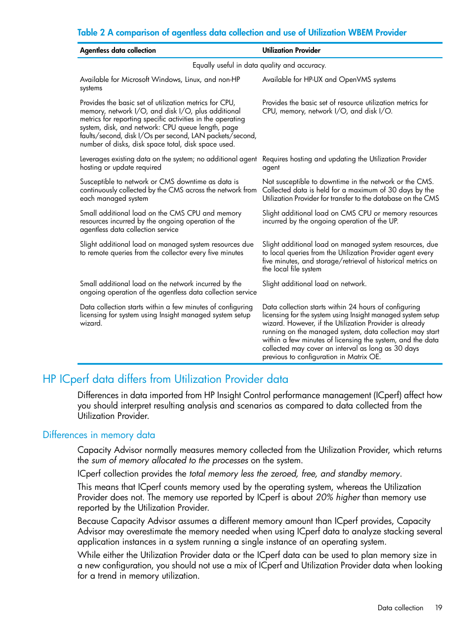 Differences in memory data | HP Matrix Operating Environment Software User Manual | Page 19 / 245