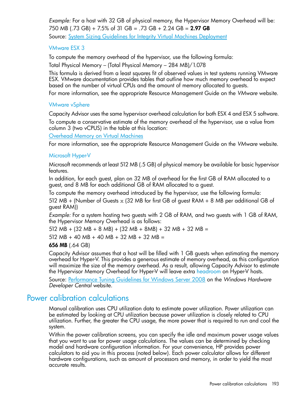 Vmware esx 3, Vmware vsphere, Microsoft hyper-v | Power calibration calculations, Vmware esx 3 vmware vsphere microsoft hyper-v | HP Matrix Operating Environment Software User Manual | Page 193 / 245