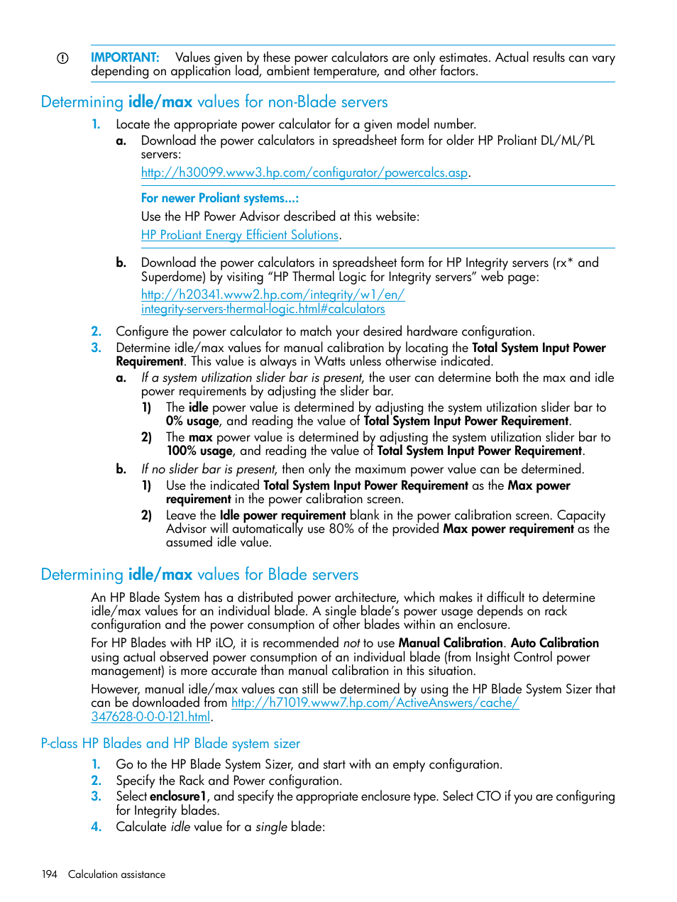 Determining idle/max values for non-blade servers, Determining idle/max values for blade servers, P-class hp blades and hp blade system sizer | HP Matrix Operating Environment Software User Manual | Page 194 / 245