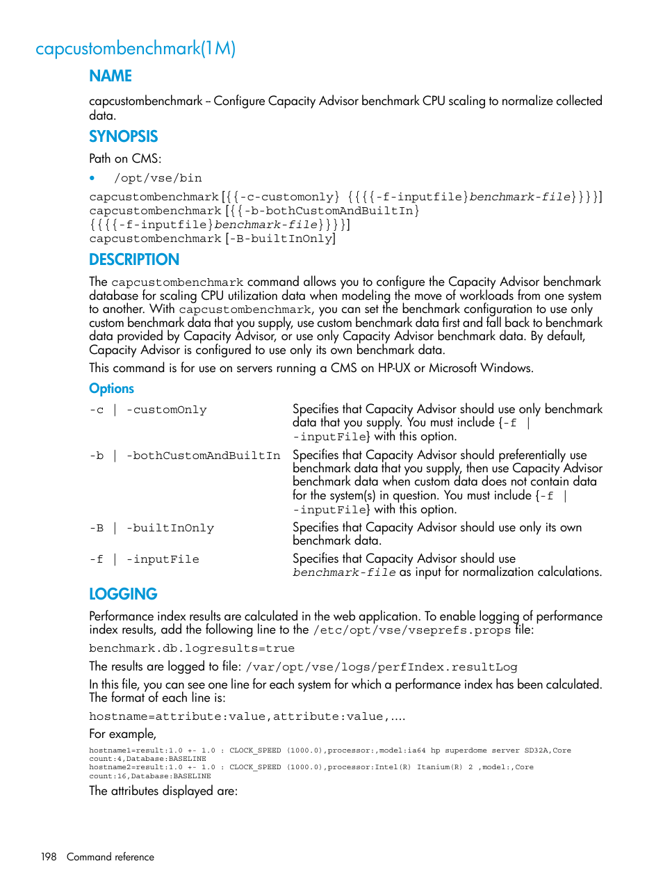 Capcustombenchmark(1m), Name, Synopsis | Description, Logging | HP Matrix Operating Environment Software User Manual | Page 198 / 245