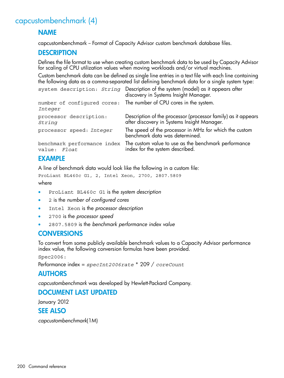 Capcustombenchmark (4), Capcustombenchmark(4), Name | Description, Example, Conversions, Authors, Document last updated, See also | HP Matrix Operating Environment Software User Manual | Page 200 / 245