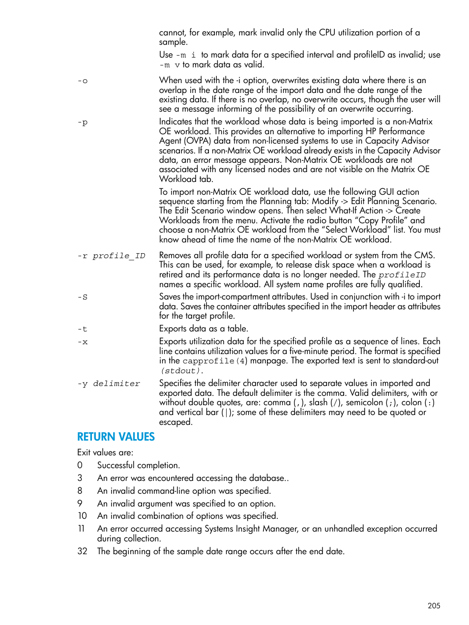 Return values | HP Matrix Operating Environment Software User Manual | Page 205 / 245