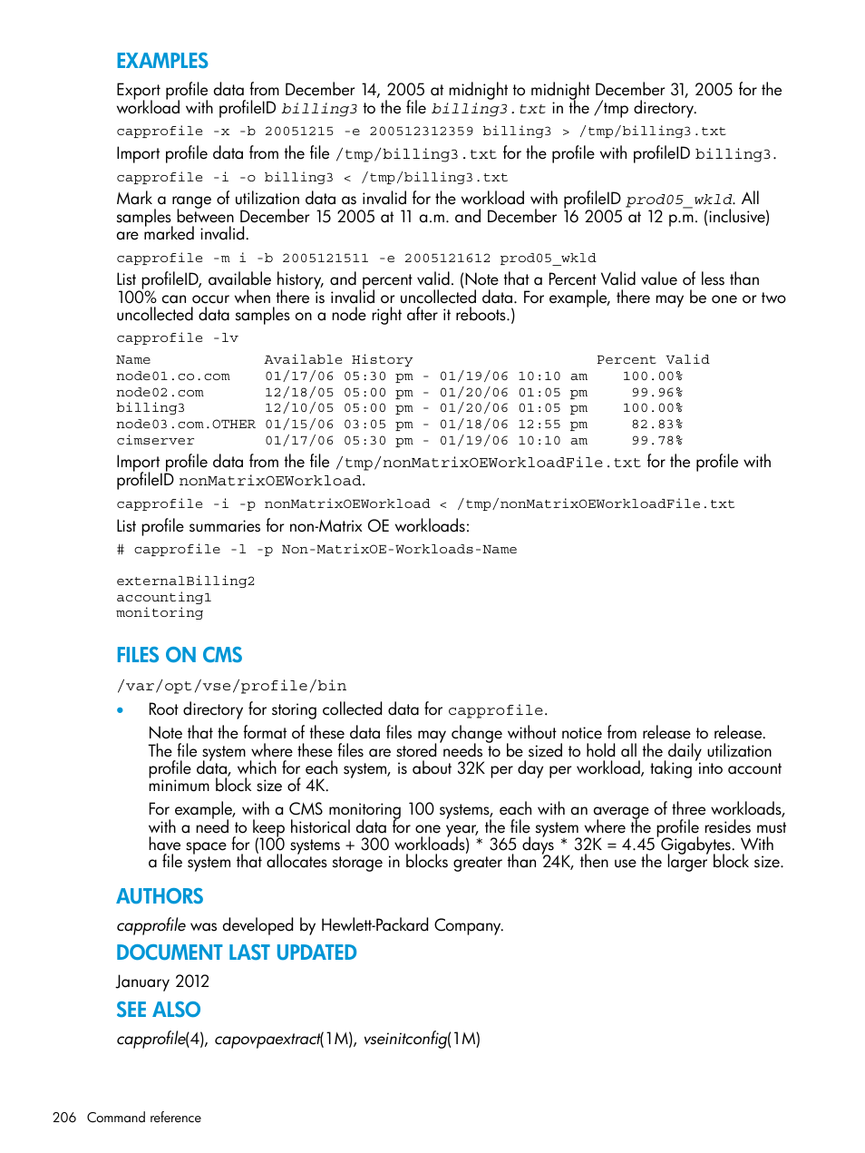 Examples, Files on cms, Authors | Document last updated, See also | HP Matrix Operating Environment Software User Manual | Page 206 / 245