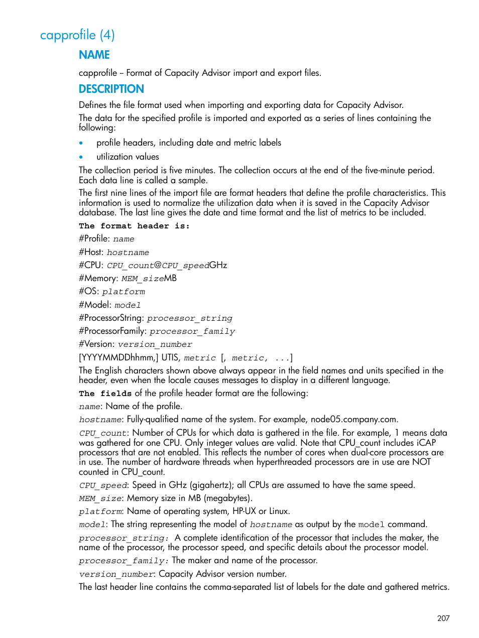 Capprofile (4), Capprofile(4), Name | Description | HP Matrix Operating Environment Software User Manual | Page 207 / 245