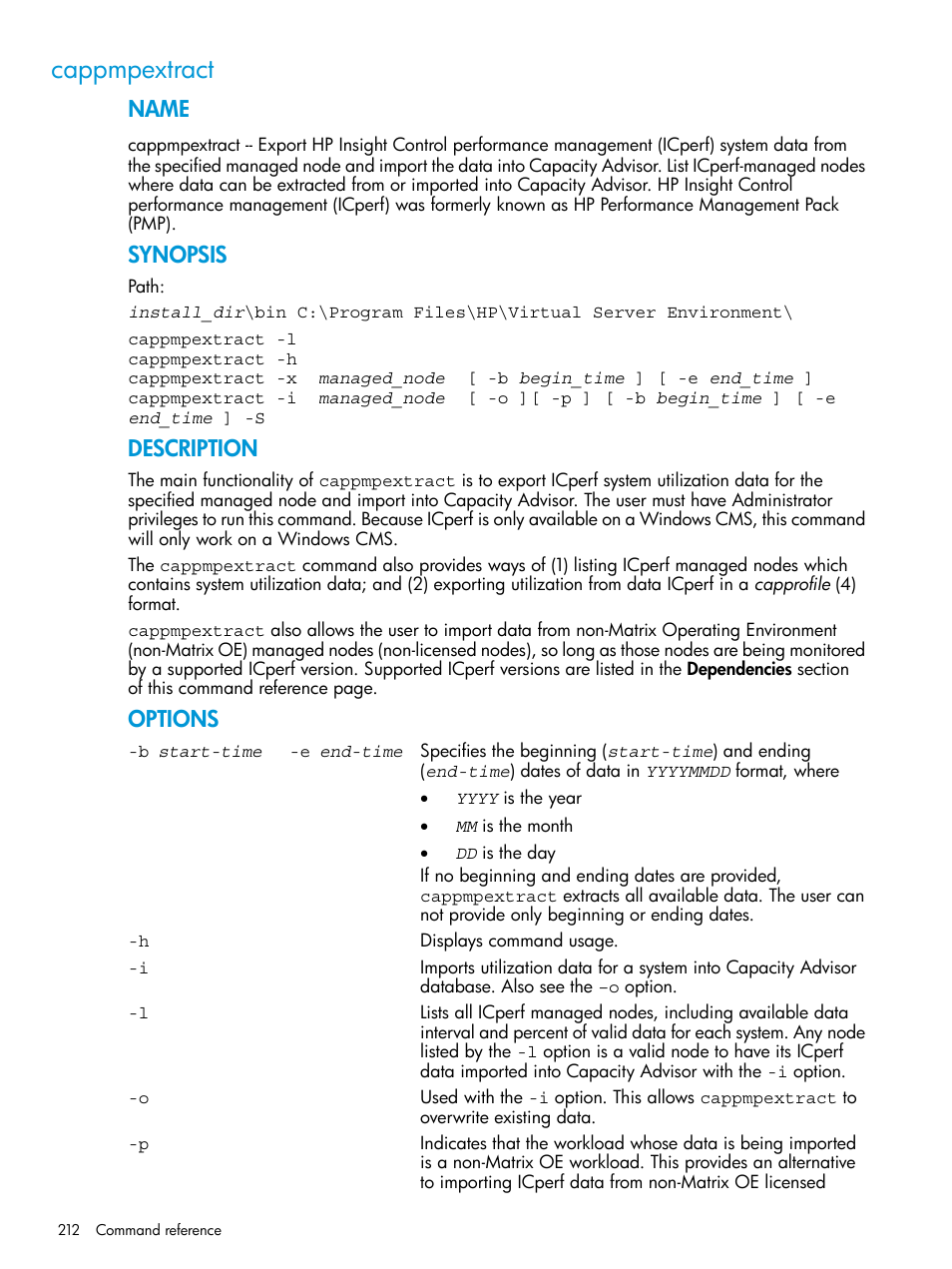 Cappmpextract, Cappmpextract(1m), Name | Synopsis, Description, Options | HP Matrix Operating Environment Software User Manual | Page 212 / 245