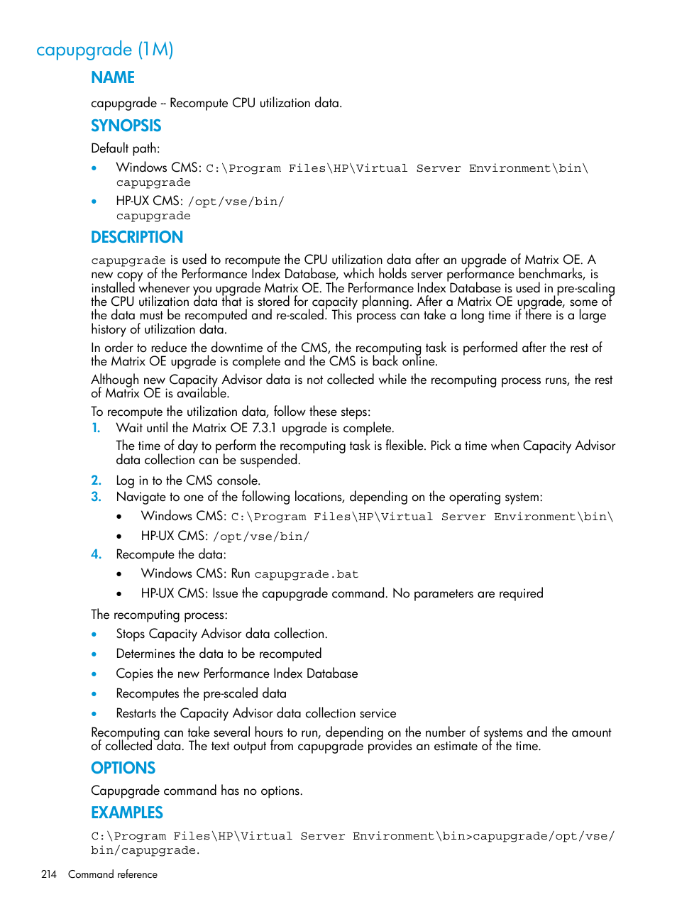 Capupgrade (1m), Name, Synopsis | Description, Options, Examples | HP Matrix Operating Environment Software User Manual | Page 214 / 245