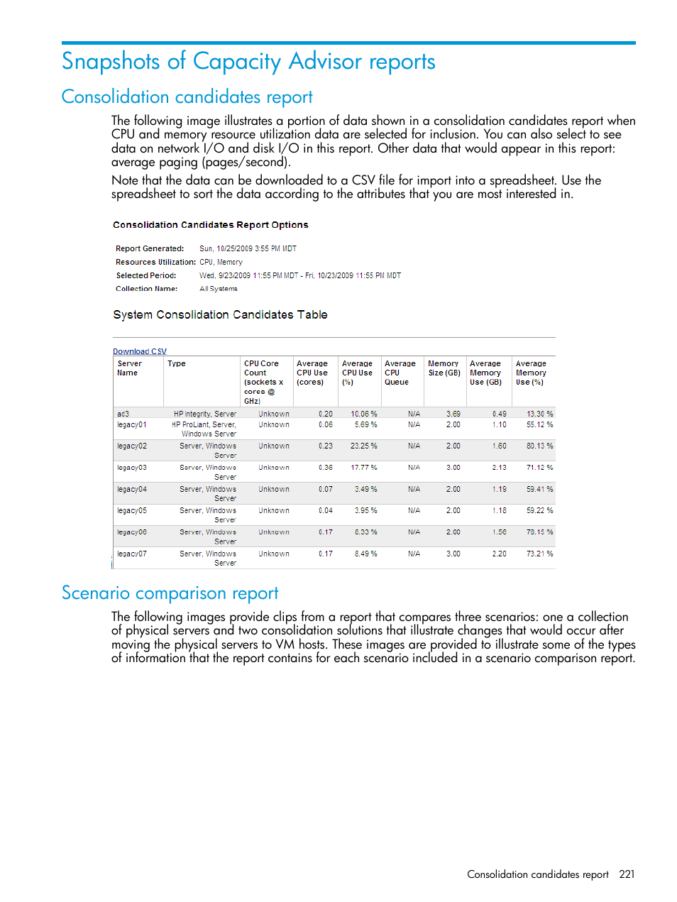 Snapshots of capacity advisor reports, Consolidation candidates report, Scenario comparison report | HP Matrix Operating Environment Software User Manual | Page 221 / 245