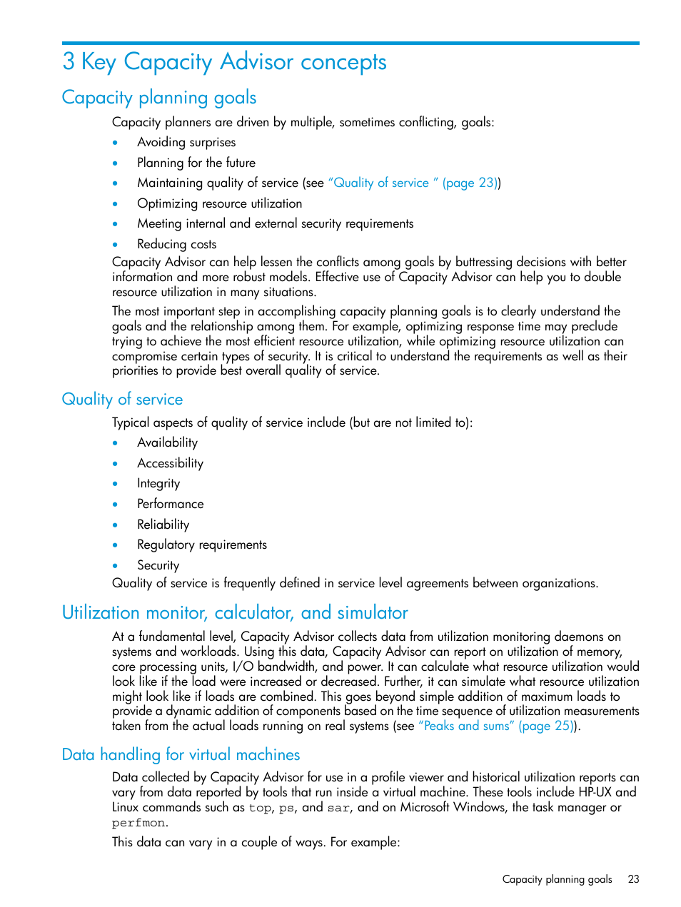 3 key capacity advisor concepts, Capacity planning goals, Quality of service | Utilization monitor, calculator, and simulator, Data handling for virtual machines | HP Matrix Operating Environment Software User Manual | Page 23 / 245