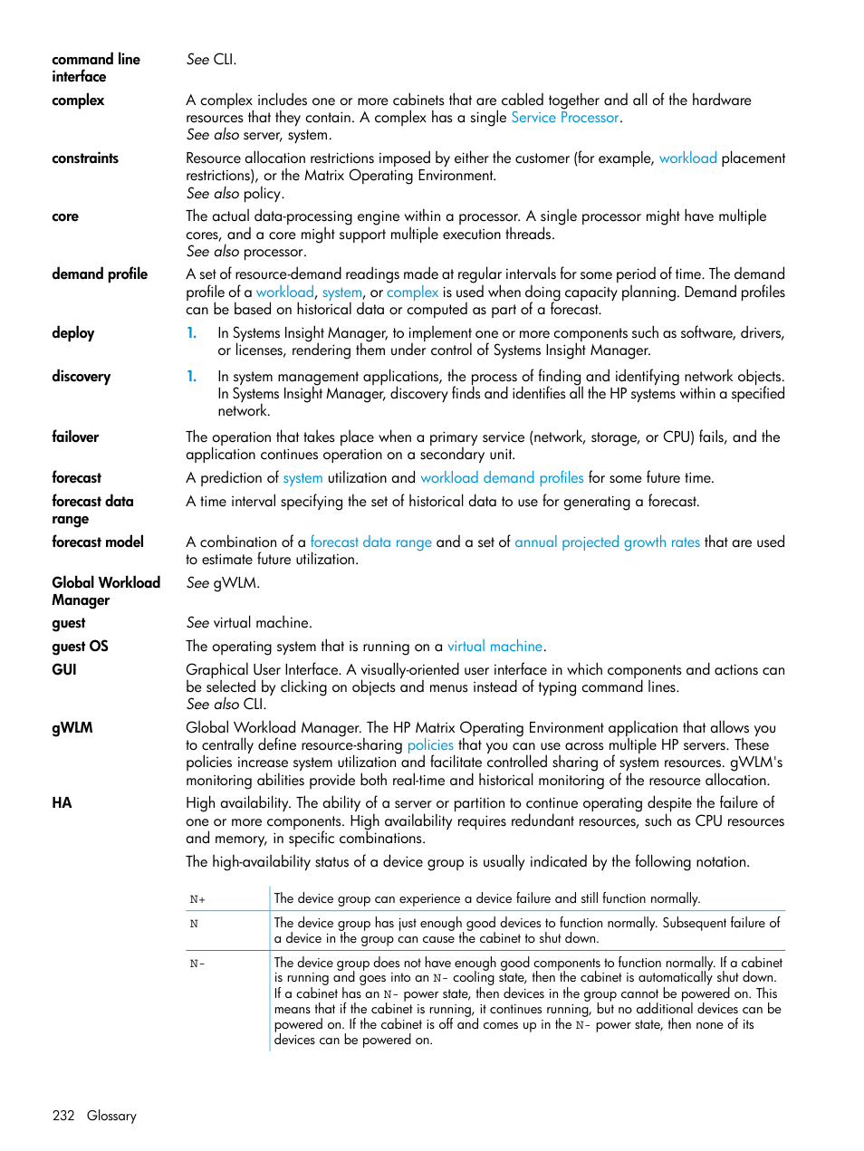 Cores, Demand profile, Forecast data | Range, Forecast model, Complexes, Core, Discovery, Global workload manager (gwlm), Forecasting | HP Matrix Operating Environment Software User Manual | Page 232 / 245