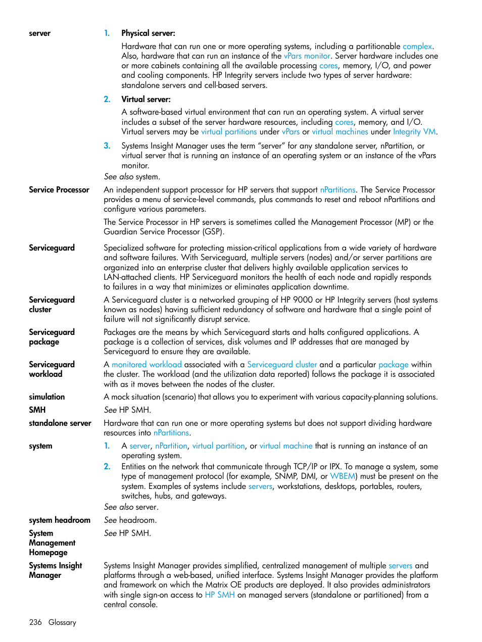 System, Systems, Server | HP Matrix Operating Environment Software User Manual | Page 236 / 245