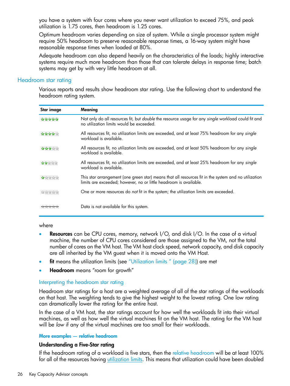 Headroom star rating, Interpreting the headroom star rating | HP Matrix Operating Environment Software User Manual | Page 26 / 245