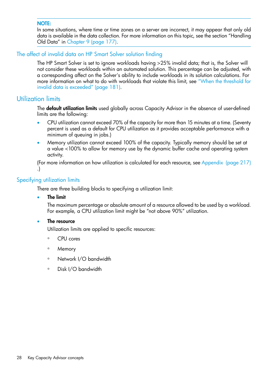 Utilization limits, Specifying utilization limits | HP Matrix Operating Environment Software User Manual | Page 28 / 245